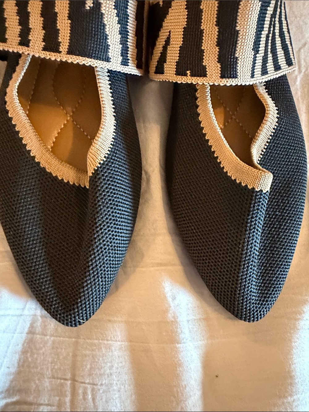 Black Knit Pointed Mary Jane Flats with Cream-Trim Zebra Strap - Picture 3 of 4